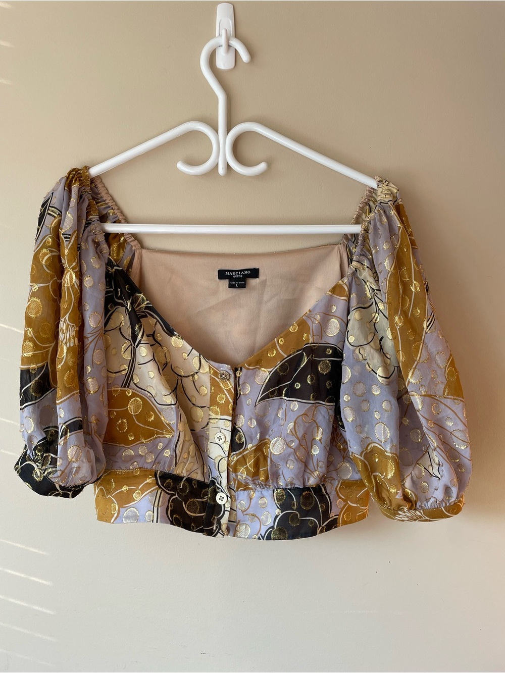 Guess by Marciano Gold, Lavender & Black Puff-Sleeve Crop Top, with gold buttons